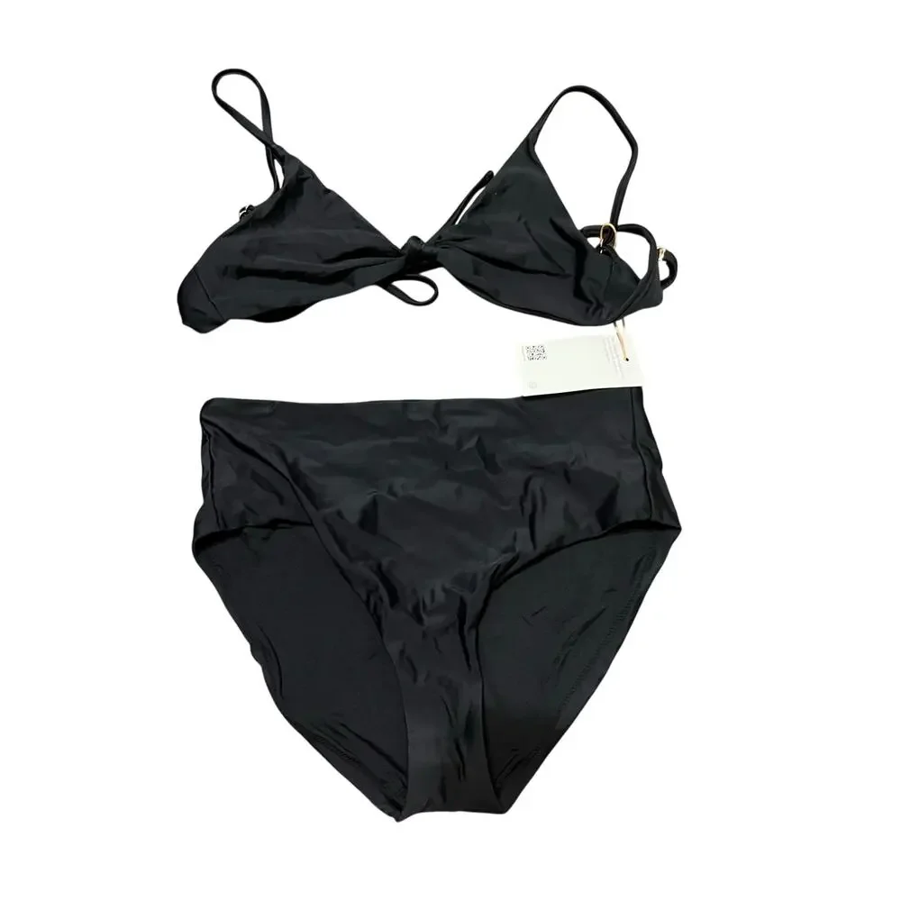 Quince Italian High Rise Bikini Bottom and Knotted Bikini Top True Black Size S
